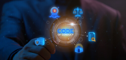 Code of conduct concept, a set of guidelines and rules that outline expected behaviors and ethical standards within an organization. Code of conduct banner web icons on virtual screen.