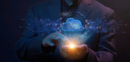 Cloud technology concept for data management system, online database storage, networking and...