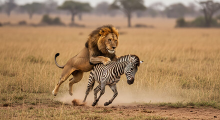 African Safari Lion Attacks Zebra Hunt
