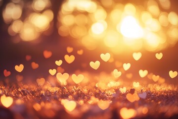 Golden hour sunset with bokeh hearts floating over grass.