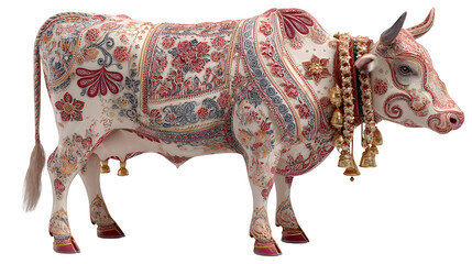Intricately patterned cow statue stands on a black background with decorative bells adding a unique cultural artistic presence.