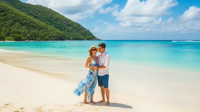 Couple enjoying romantic moments on a beautiful tropical beach scene