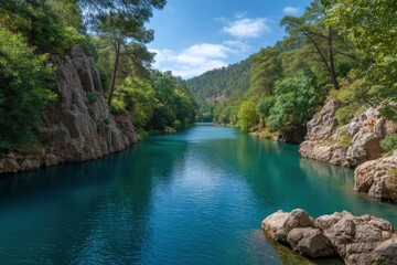 River flows through a green rocky canyon under a blue sky with scattered clouds