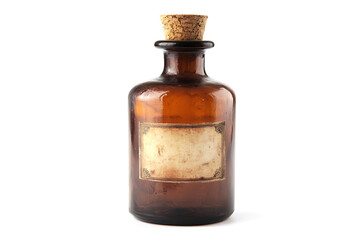 Antique brown glass bottle with cork stopper and a blank label suggests apothecary or science themes, useful for graphic design projects.