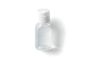 Small clear bottle with liquid on a white background, perfect for showcasing pharmaceuticals, cosmetics, and healthcare products in minimalist compositions.