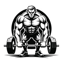 Muscular bodybuilder in a powerful stance preparing to lift a heavy barbell showcasing strength and dedication in a black and white illustration