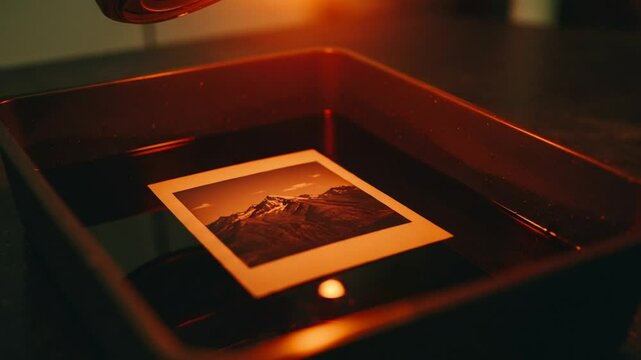 Vintage photo developing in darkroom with mountains
