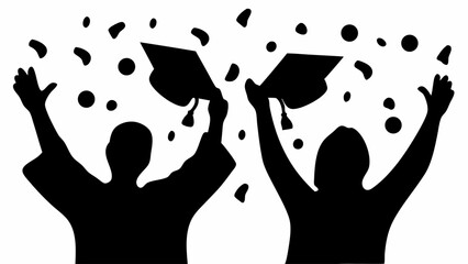 Silhouettes of two graduates throwing their caps in the air in celebration of graduation day event | editable eps vectors