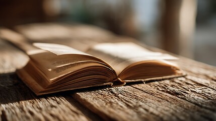 Open Antique Book on Rustic Wooden Table, Evoking Nostalgia and the Joy of Reading