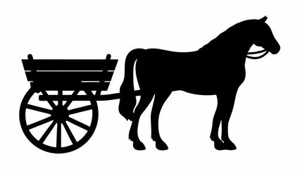 Silhouette of a horse pulling a wooden cart with large wheels in a simple black and white image | editable eps vectors