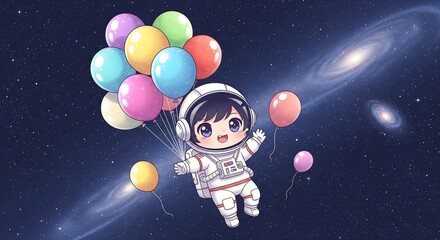 Naklejka premium Adorable astronaut floating in space with colorful balloons against galaxy background