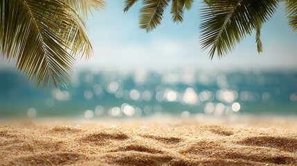 Tropical Paradise Beach Scene with Palm Trees, Golden Sand, and Turquoise Ocean, Ideal for Summer Vacation Background