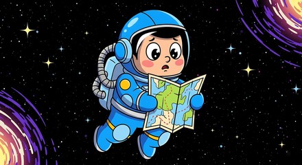 Adorable astronaut lost in space reading a map with a worried expression and cosmic background