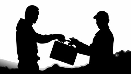 Silhouette of two people exchanging money over a briefcase in a transaction scene at dusk or dawn light | editable eps vectors