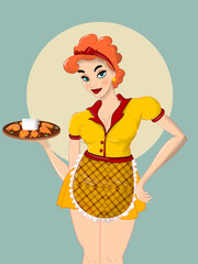 Retro Woman pin up Waitress Serving a Dish in a Diner on blue background editable