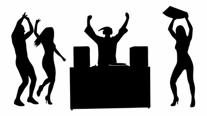 Silhouette of a dj with two dancers and a woman holding a sign at a party celebrating life | editable eps vectors