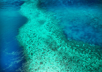 Aerial view of submerged reefs (green color) and surface clear waters (blue color) at Great Barrier Reef, the world's largest coral reef system in the Coral Sea near Whitsunday Island. Australia. 2020