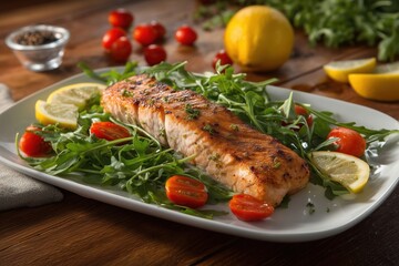 The salmon, cooked to perfection, rests on a pristine white plate, surrounded by arugula, cherry tomatoes, and lemon slices. The scene is set against the backdrop of a rustic wooden table.