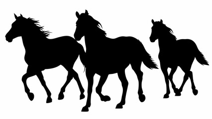 Three horses galloping in silhouette against a white background in a dynamic and powerful composition | editable eps vectors