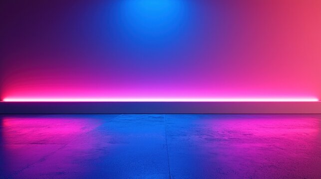 A neon-lit room with a blue and pink gradient wall and a concrete floor.