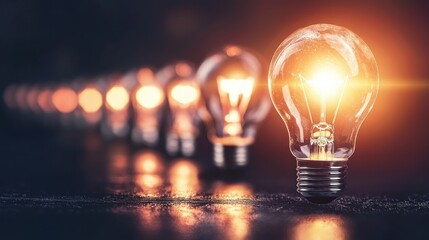 A row of light bulbs with one glowing brightly, surrounded by a dark background.