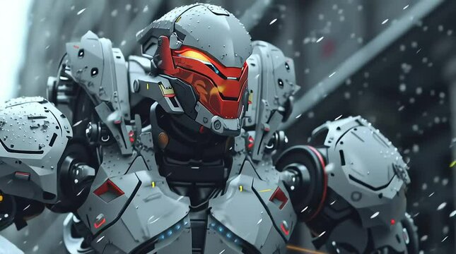 Futuristic Combat Robot in Snowy Urban Environment