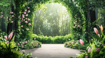 A wooden walkway with lush greenery and pink flowers leading to a forested area.