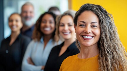 Obraz premium A diverse group of people standing in a row, smiling and looking at the camera. The setting appears to be indoors with a yellow wall in the background.