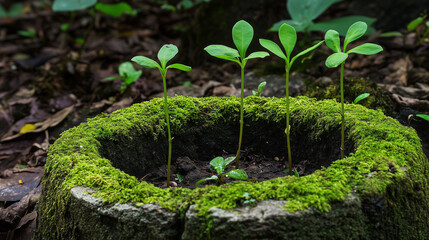 Young sprouts growing from a mossy well in forest nature. Concept of rebirth, mother nature