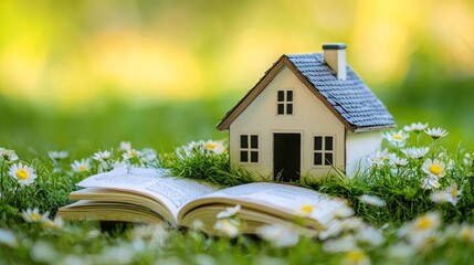 A miniature house with a book and flowers on a grassy lawn.