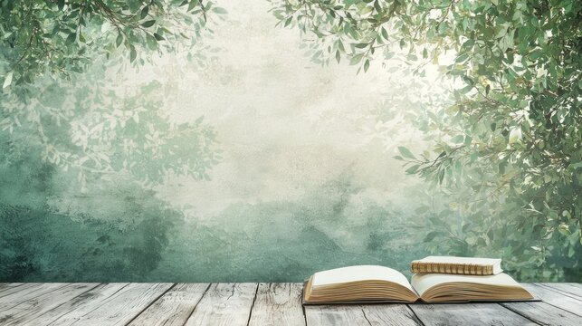 An open book with a green leafy background and a wooden table.