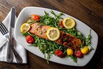 The salmon, cooked to perfection, rests on a pristine white plate, surrounded by arugula, cherry tomatoes, and lemon slices. The scene is set against the backdrop of a rustic wooden table.
