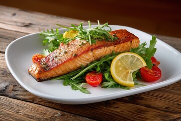 The salmon, cooked to perfection, rests on a pristine white plate, surrounded by arugula, cherry tomatoes, and lemon slices. The scene is set against the backdrop of a rustic wooden table.