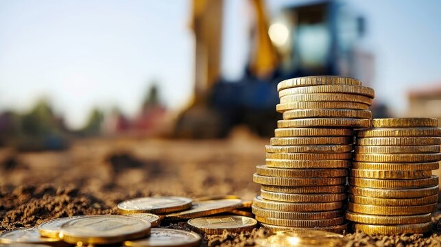 A pile of coins on a construction site with an excavator in the background.