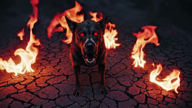 Fiery guardian dog with glowing red eyes stands cracked ground surrounded by flames, exuding fierce and intense presence, intimidating dramatic night