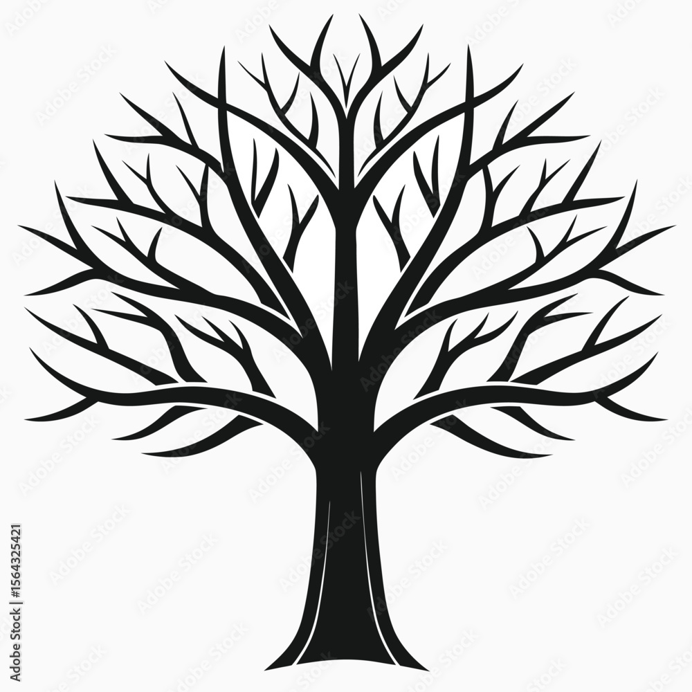 Poster stylized silhouette of a bare winter tree with intricate branching patterns against a white backgrou