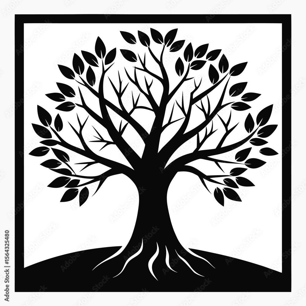 Poster elegant black silhouette of a majestic tree with spreading branches and visible roots encased in a s