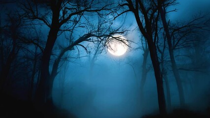 Full moon glowing through leafless tree branches misty dark forest night with eerie surreal atmosphere and chilling dark blue fog surrounding trees - Powered by Adobe