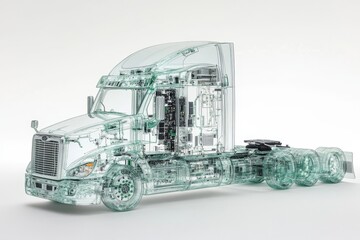 Transparent cutaway of a semi-truck revealing its internal components and mechanics.