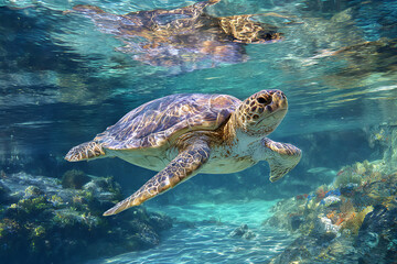 Fototapeta premium Graceful Marine Turtle Gliding Through Serene Ocean Waters in a Captivating Underwater Scene