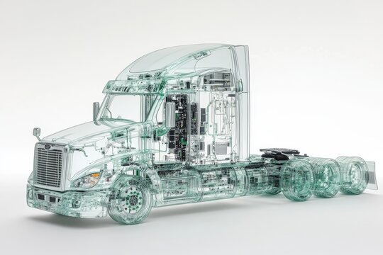 Transparent cutaway of a semi-truck revealing its internal components and mechanics.