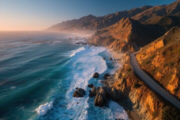 Coastal highway winding along rugged cliffs with ocean waves crashing below during a golden sunset.