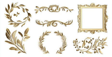 Gold ornate frames, wreaths, and leaf elements isolated on white background.