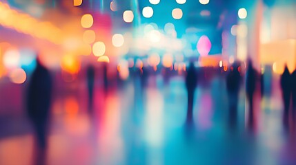 Fototapeta premium Blurred City Lights: Abstract urban scene at night with blurred silhouettes of people walking, creating an impression of a vibrant and bustling city life.