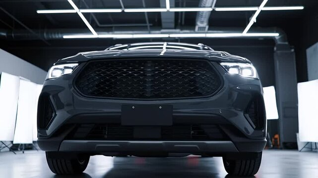 Front View Of A Sleek Black Suv Under Bright Studio Lights Showcasing Its Bold Grille And Headlights In Modern Setting
