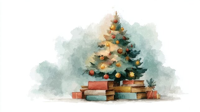 A watercolor painting of a decorated Christmas tree surrounded by wrapped gifts and stacked books.