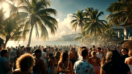 Crowded Beach Gathering with Palm Trees and Ocean View at Sunset