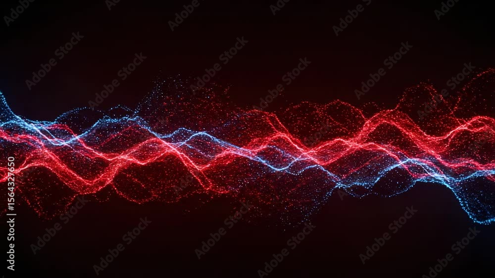 Poster waves of red and blue particles shimmer against a dark backdrop, creating an abstract display of ene