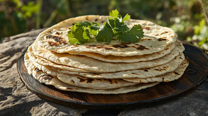 Plate of a stacked of tortillas flatbread with fresh green cilantro garnish in outdoor setting