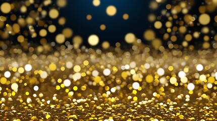 Festive golden glitter and shimmering bokeh lights on dark background creating a vibrant and luxurious atmosphere, perfect for celebration, party, event, or holiday decoration themes

